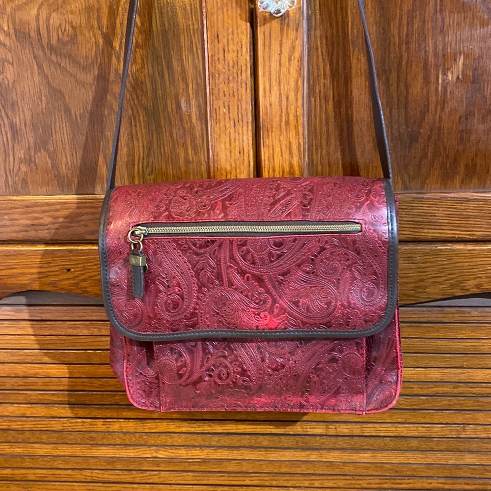 Red leather Relic handbag w/ embossed design